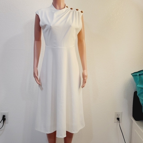 Calvin Klein Side Button Midi Flared Flowy Dress In Cream Size: 4 - Picture 1 of 14